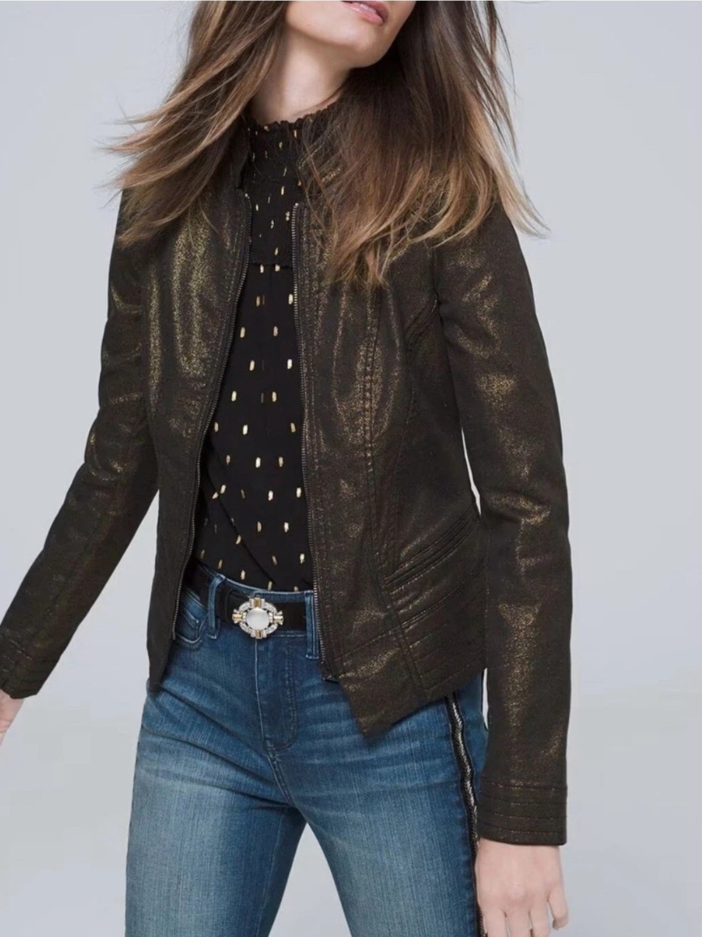 White House Black Market Gold Metallic Coated Moto Band Jacket Size 12